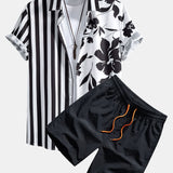 Floral Stripe Patchwork Print Shirt & Swim Shorts Set