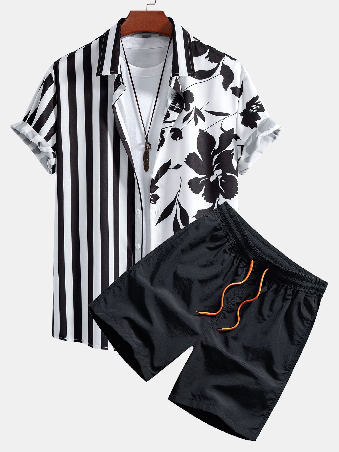 Floral Stripe Patchwork Print Shirt & Swim Shorts Set