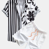 Floral Stripe Patchwork Print Shirt & Swim Shorts Set