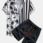 Palm Tree Flamingo Stripe Patchwork Print Shirt & Swim Shorts Set