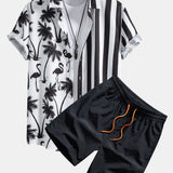 Palm Tree Flamingo Stripe Patchwork Print Shirt & Swim Shorts Set