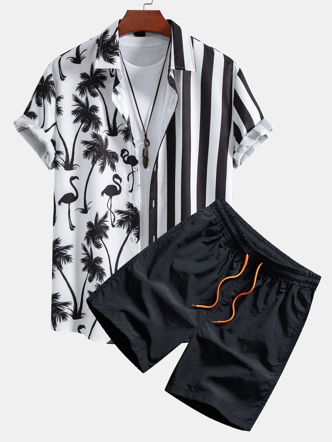 Palm Tree Flamingo Stripe Patchwork Print Shirt & Swim Shorts Set