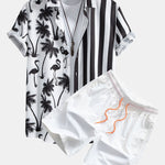 Palm Tree Flamingo Stripe Patchwork Print Shirt & Swim Shorts Set