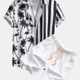 Palm Tree Flamingo Stripe Patchwork Print Shirt & Swim Shorts Set