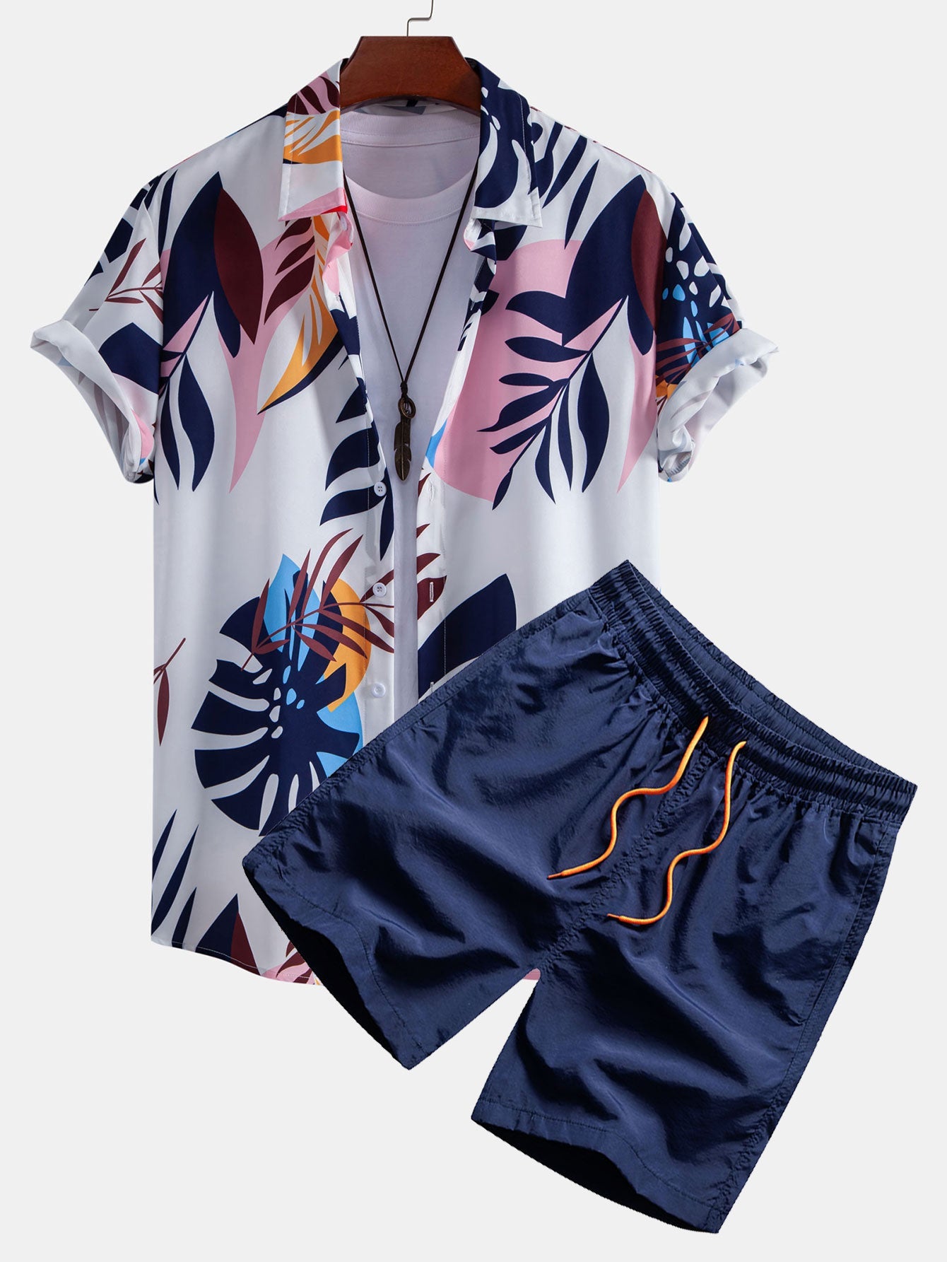 Leaf Color Block Print Shirt & Swim Short Set