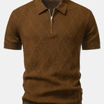 Rhombus Textured Zip Up Knitted Polo Shirt & Tapered Trousers Set