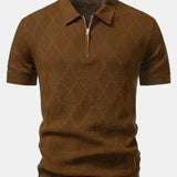 Rhombus Textured Zip Up Knitted Polo Shirt & Tapered Trousers Set