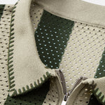 Striped Eyelet Knit Zip Up Polo Shirt & Straight Leg Linen Pants Set