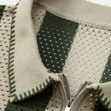 Striped Eyelet Knit Zip Up Polo Shirt & Straight Leg Linen Pants Set