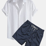 Linen Cotton Shirt & Striped Print Swim Shorts Set