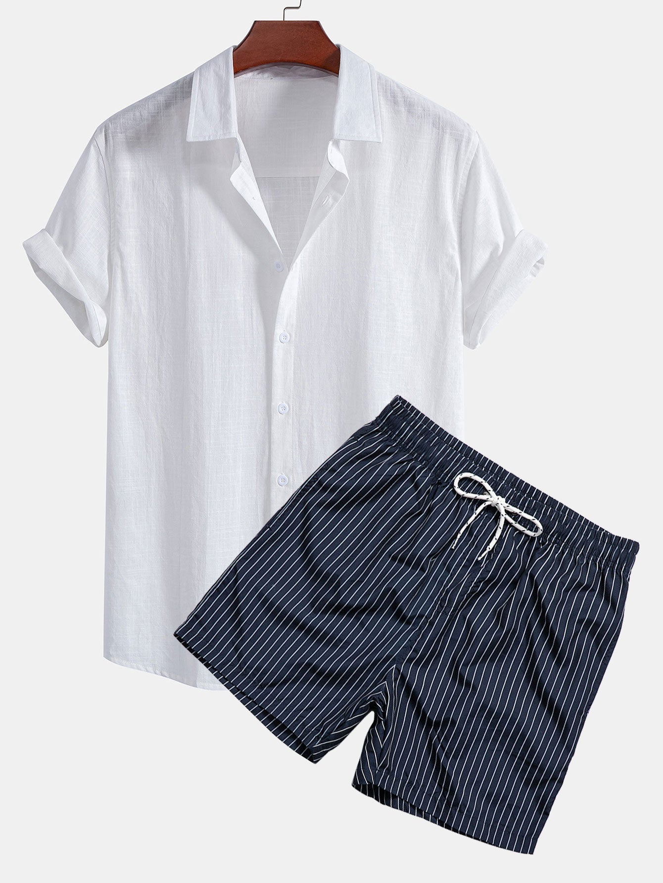 Linen Cotton Shirt & Striped Print Swim Shorts Set