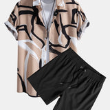 Abstract Print Button Up Shirt & Solid Drawstring Swim Shorts