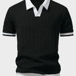 Texture Contrast Knitted V Neck Polo Shirt & Tapered Trousers Set