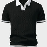 Texture Contrast Knitted V Neck Polo Shirt & Ribbed Pants Set