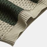 Striped Eyelet Knit Zip Up Polo Shirt & Straight Leg Linen Pants Set