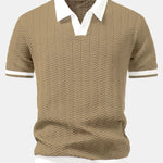 Texture Contrast Knitted V Neck Polo Shirt & Tapered Trousers Set
