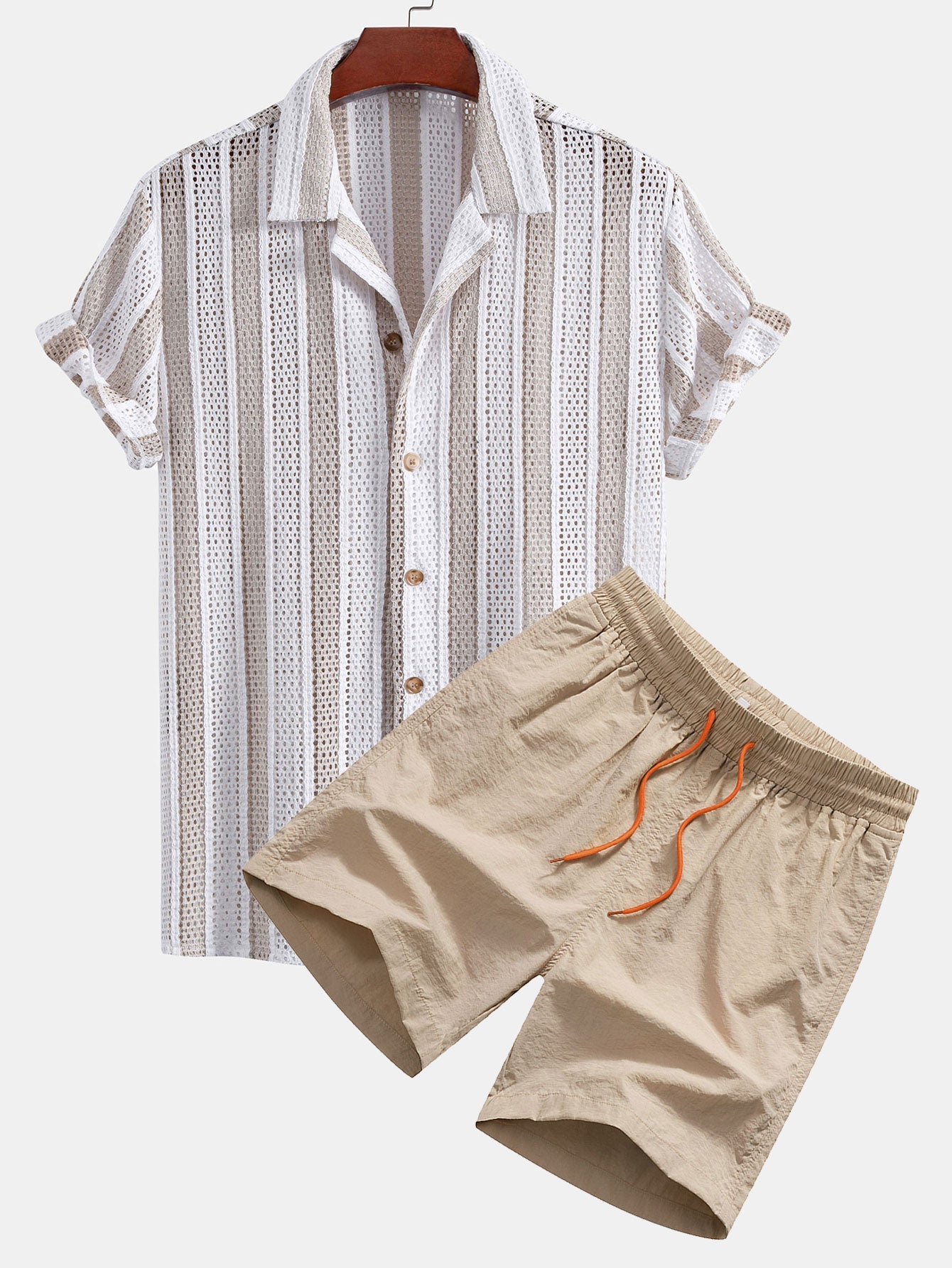 Striped Mesh Cuban Shirt & Swim Shorts Set