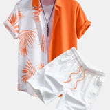 Leaf Print Patchwork Shirt & Swim Shorts Set