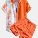 Leaf Print Patchwork Shirt & Swim Shorts Set