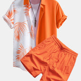 Leaf Print Patchwork Shirt & Swim Shorts Set