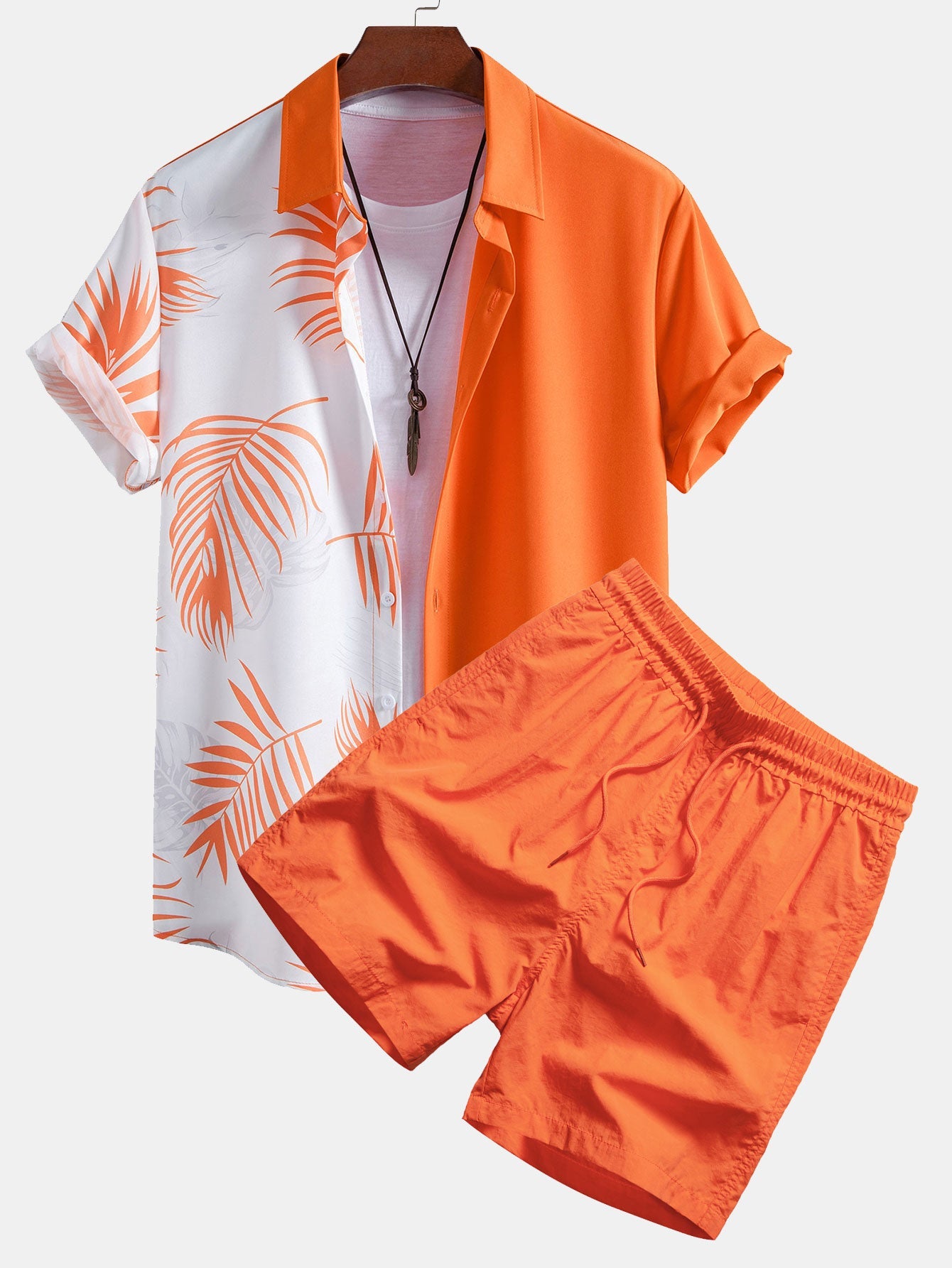 Leaf Print Patchwork Shirt & Swim Shorts Set