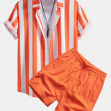 Stripe Print Shirt & Swim Shorts Set