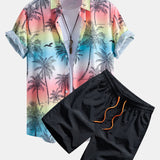 Palm Tree Seagull Print Shirt & Swim Shorts Set