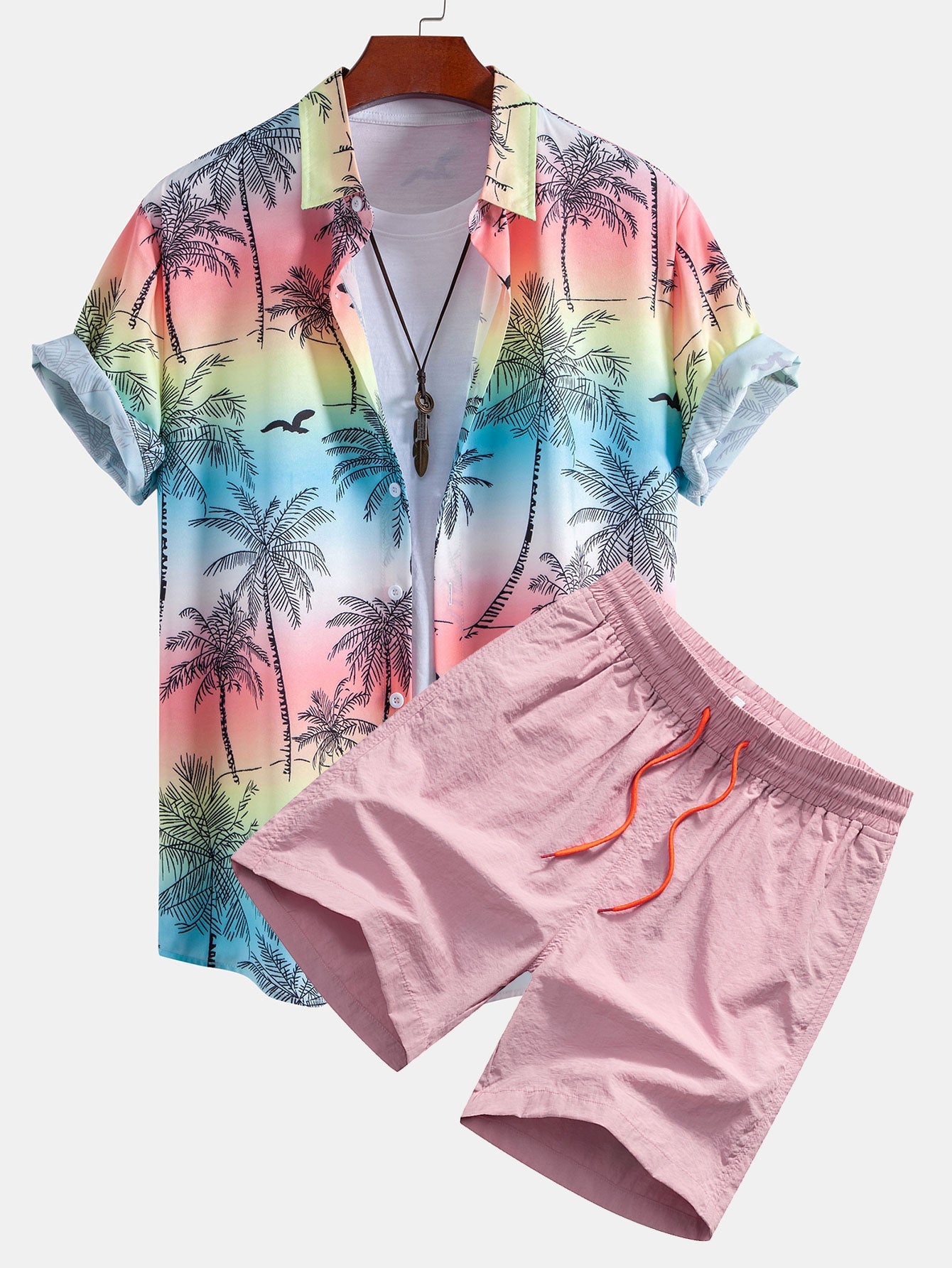Palm Tree Seagull Print Shirt & Swim Shorts Set