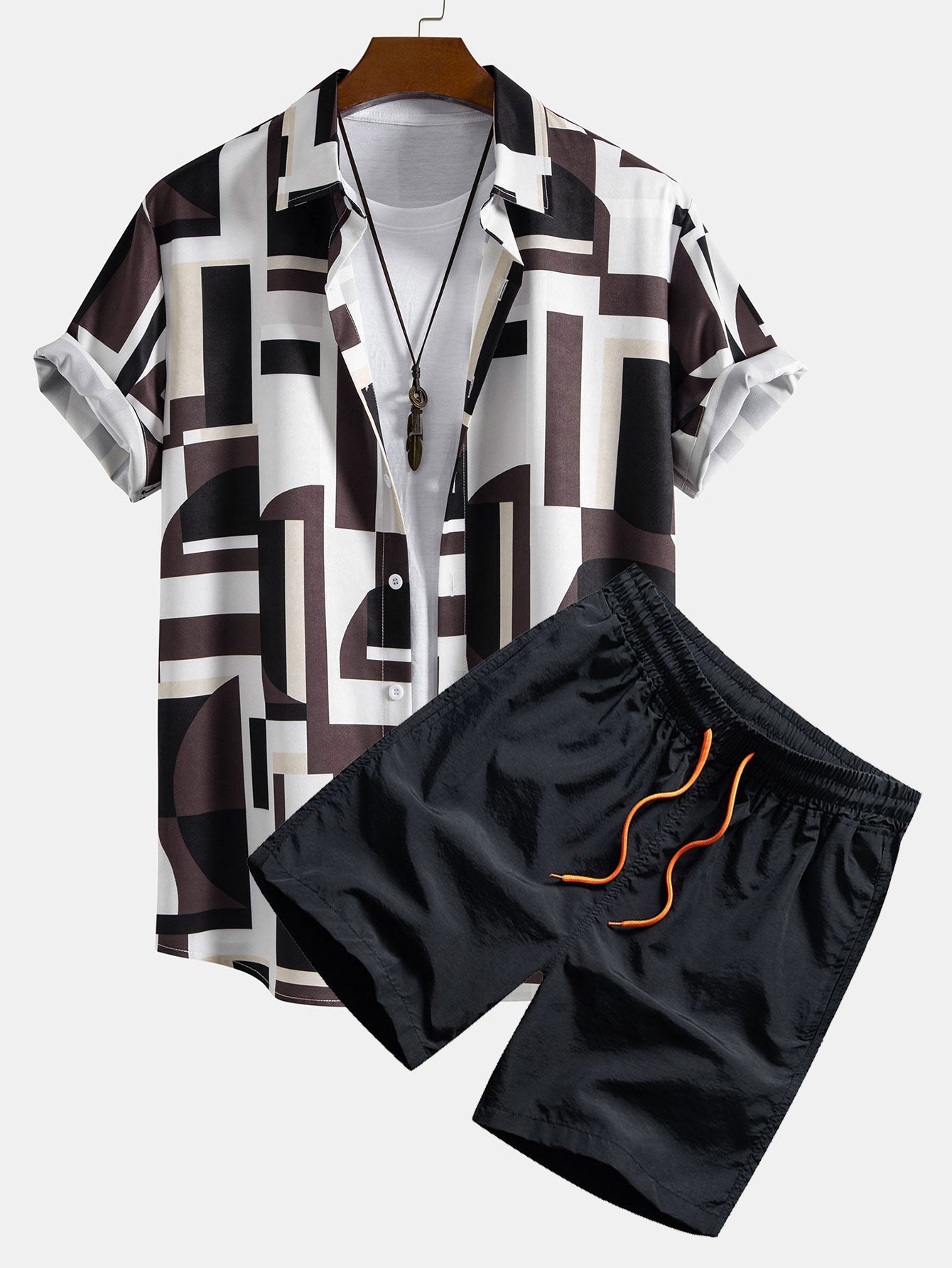 Geometry Colorblock Print Shirt & Swim Shorts Set