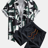 Colorblock Print Shirt & Swim Shorts Set