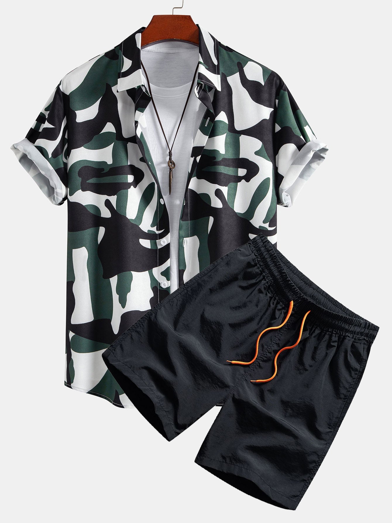 Colorblock Print Shirt & Swim Shorts Set