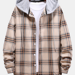 Contrast Hooded Button Up Plaid Shirts with Drawstring
