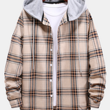 Contrast Hooded Button Up Plaid Shirts with Drawstring