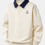 Ghost Drinking Coffee Print Contrast Polo Sweatshirt & Pleated Pintuck Set