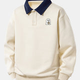 Ghost Drinking Coffee Print Contrast Polo Sweatshirt & Pleated Pintuck Set