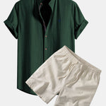 Short Sleeve Linen Shirt & Linen Blend Drawstring 7" Shorts Set