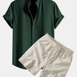 Short Sleeve Linen Shirt & Linen Blend Drawstring 7" Shorts Set