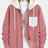 Long Sleeved Waffle Corduroy Contrast Hooded Shirt