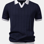Contrast Trim Ribbed Johnny Collar Knit Polo & Trousers Set