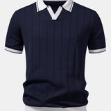 Contrast Trim Ribbed Johnny Collar Knit Polo & Trousers Set
