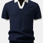 Contrast Knit Waffle Johnny Collar Polo & Drawstring Knitted Waffle Shorts Set
