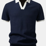 Contrast Knit Waffle Johnny Collar Polo & Drawstring Knitted Waffle Shorts Set