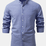 Seersucker Striped Stand Collar Shirt & Straight Leg Linen Pants Set