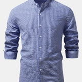 Seersucker Striped Stand Collar Shirt & Straight Leg Linen Pants Set