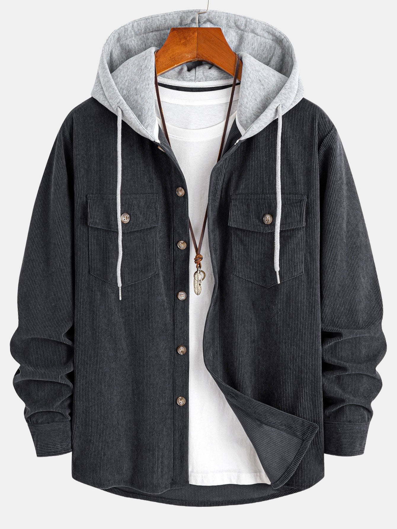 Contrast Corduroy Hooded Overshirt with Pockets