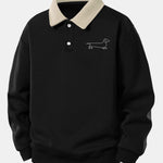 Line Dachshund Print Contrast Polo Sweatshirt & Pleated Pintuck Sweatpants Set