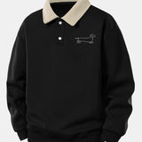Line Dachshund Print Contrast Polo Sweatshirt & Pleated Pintuck Sweatpants Set