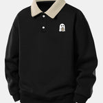Ghost Drinking Coffee Print Contrast Polo Sweatshirt & Pleated Pintuck Set
