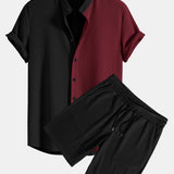 Two Tone Muscle Fit Ribbed Stand Collar Shirt & Shorts Set