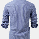 Seersucker Striped Stand Collar Shirt & Straight Leg Linen Pants Set